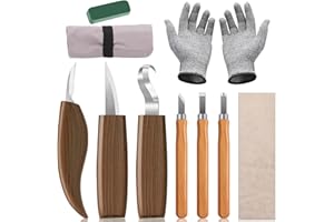 WOOWAIR 11 Piezas Juego de Herramientas para Tallar Madera, Kit de Cuchillos de Tallado, Juego de Cinceles, con Piedras de Afilar y Guantes, Herramientas de Talla Madera para Principiantes y Profesionales