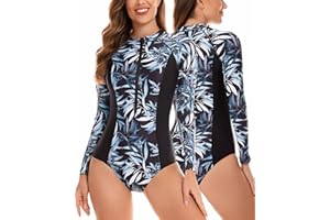 FEOYA Maillot de Bain Une Pièce à Manches Longues Femme Maillot de Surf Été Combinaison de Plongée Zippée pour Natation Plage