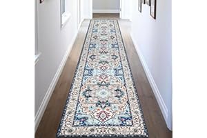 Falflor Vintage Long Carpet Runners for Hallway Non Slip 60x300cm Washable Rug Runner for Hallway Distressed Indoor Floor Mat for Entryway Bedroom Kitchen(Blue)