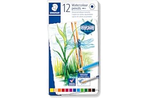Staedtler Crayons de couleur aquarellables de haute qualité pour artistes, Utilisables à sec ou à l'eau, Mine douce et tendre de 3 mm, Boîte en métal avec 12 couleurs différentes assorties, 14610C M12