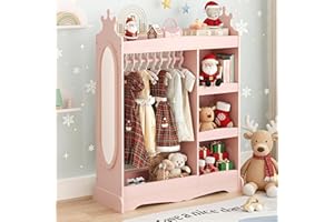 LUE BONA Kindergarderobe,Kinderkleiderschrank mit Spiegel und Kleiderstange,Kindergarderobe mit 3 Haken und 3 offener Ablagen,Kinder Kleiderschrank aus Holz für Kinderzimmer,85 x 34 x 112 cm,Rosa