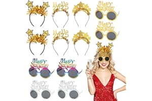 MONCAP 12pz Cerchietto Capodanno 2025 Cerchietti Natalizi Oro e Nero 6x Happy New Year Fascia 6x Capodanno Occhiali 2025 Fascia per Capodanno Decorazioni-per Festival Decorazioni Uomo Donna Bambini