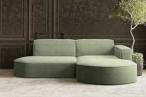‎KAISER MÖBEL Kaiser Möbel, Modena Studio Parma Corner Sofa, Modern Design Couch, Upholstered Corner, Freestanding Sofa Living Room Fabric Thick Cord Poso Light Green Right