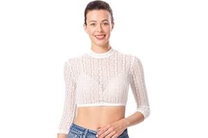 Dirndlwelle Spitze Dirndlbluse Langarm Dirndlbluse Damen Trachtenbluse Creme Dirndl Bluse Hochgeschlossen für Oktoberfest Gr.34-50