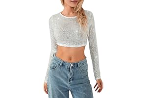 FYLOVERY Women Full Sequin Long Sleeve Cropped Tops Sparkle Glitter Round Neck Show Navel Bodysuit T-Shirt Blouses E-Girl Streetwear Clubwear