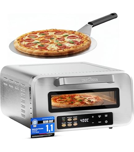 GOURMETmaxx Elektrische pizzaoven met pizzaschep | touchdisplay, timerfunctie, 7 programma's & DIY-modus | pizzamaker tot max. 430 °C | minibakoven voor pizza, flammkuchen & Co