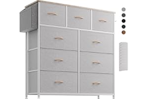 PURFINO Cassettiera in Tessuto - Cassettiere Stoffa con 9 Grandi Cassetti, Etichette, Tasca Laterale e Gancio per Soggiorno, Corridoio, Camera da Letto