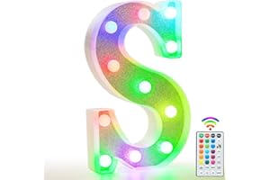 VIMLITS Colorful Light Up Letters, Glitter LED Letter Lights 18 Color Changing Shiny Alphabet Sign Gifts for Girls Women Party Birthday Decorations Remote Night Light Christmas Valentine Wall Table Decor - S
