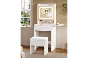 KIMENICH Toeletta Con Luci LED - Tavolo da Trucco Piccolo Con Sgabello, 3 Tonalità, Luminosità Regolabile, 1 Pannello Pieghevole, Specchio, Ripiani Regolabili, Bianco