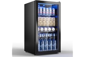TRIUMPHKEY 95L Mini-Kühlschrank mit Glasfront (Glastür), Kompakter Getränkekühlschrank für bis zu 128 Dosen, mit verstellbaren Regalen für Bier, Wein, Soda, Ideal für Haushalt, Bar, Büro, Wohnung