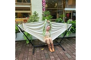 GOCAN Hamaca grande doble de lona de algodón para 2 personas, 220 x 150 cm, soporte de acero y barra separadora extraíble, carga 227 kg, para patio trasero, porche, jardín, exterior e interior, beige