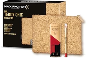Max Factor, Cofanetto Regalo Donna Teddy Chic, Pochette in morbido tessuto teddy con Rossetto Lipfinity 120 Hot + Colour Elixir Matita Labbra 60 Red Ruby