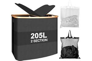 LEVIPE Grand Panier à Linge avec Couvercle, 205L Corbeilles à Linge Sale Pliable avec Sacs Intérieurs, 2 Sections, Pour Salle de Bain, Chambre et Buanderie