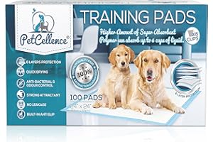 PetCellence Puppy Pads 100 Pack, Super Absorbent Pet Dog Training Pads Large 60 x 60cm with Anti-Slip Adhesive Tabs, Eliminate Odour, Leak-Proof Floor Protection Toilet Pee Mat