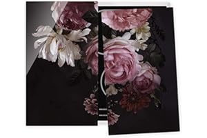 Bilderwelten Glas Herdabdeckplatten für Ceranfeld 2teilig Rosa Blumen auf Schwarz, 60x52 cm
