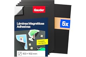 GAUDER Lámina Magnética Autoadhesiva - Hoja Imantada para Fotos, Manualidades y Carteles - Película Magnética Adhesiva para Hogar, Escuela y Oficina (5 Unidades - 153 x 102 mm)