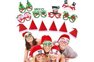 Huiguli Weihnachten Dekoration, 6 Stück Weihnachtsbrillen & 6 Stück Weihnachtsmütze, Lustige Weihnachtsfeier Brille, Weich Nikolausmütze Unisex, Weihnachten Geschenke für Kinder Freunde Familien