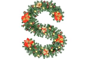 TIMIYOU Weihnachtsgirlande, 2.7M Tannengirlande mit Blumen und Rote Beere, Weihnachtsdeko Innen Aussen Girlande Weihnachten Geeignet für Haus Treppen Kamin Haustür Terrasse und Gärten