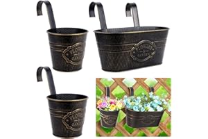 Fippy 3PCS Metal Hanging Flower Pots, Large Hanging Planter Pots with Detachable Hook, Fence Hanging Plant Pots for Balcony Railing Garden Decor (Vintage)