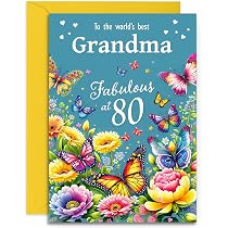Biglietto Di Auguri Per 80° Compleanno Donna, Design Con Fiori E Farfalle, Finiture In Lamina Argentata, Prodotto Nel Regno Unito, Ecologico