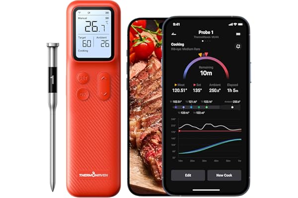 ThermoMaven Thermomètre à Viande Intelligent Sans Fil - 152m Bluetooth 5.3 Haute Stabilité, 1 Sonde 6 Capteurs, Surveillance WiFi Illimitée, IPX8 Etanche Thermomètre Cuisine Cuison Gril Four Barbecue