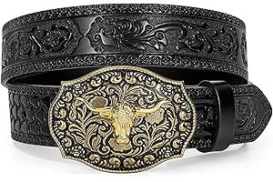 WERFORU Ceinture Cowboy en Cuir pour Hommes - Ceinture Western Homme Avec Boucle Taureau et Gravure Florale pour Jeans