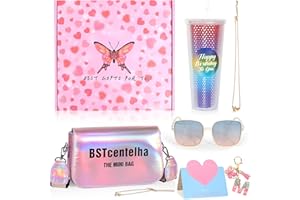 BSTcentelha Geschenke für Mädchen Teenager 9 10 11 12 13 14 15 16Jahre,Regenbogen Glitter Wasserflasche mit Stroh,Buchstaben Schlüsselanhänger,Crossbody Tasche,Personalisiertes Geschenkset für Mädchen