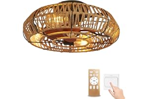 ‎YOLEDY Deckenventilator mit Beleuchtung Vintage, Rustikal Ventilator Lampe Decke E27 Fassung, Leise DC Motor, Sommer Winterbetrieb, 6 Stufen, Handgeflochtene Hanfschnur Bohemian Ventilator Licht Decke