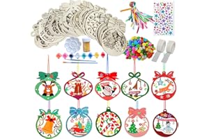 JINGTOPS 168 Pezzi Decorazioni Natale Grezzo Legno, Ornamenti Natalizi Verniciabili,Ciondolo Albero Natale per Artigianato DIY,con Figure Natalizie in Legno, Pompon, Spago Decorativo,Strass