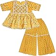 superminis Baby Girl's Cotton Sanganeri/Floral Printed Frock Style Kurti With Printed Sharara Dress Clothing Set