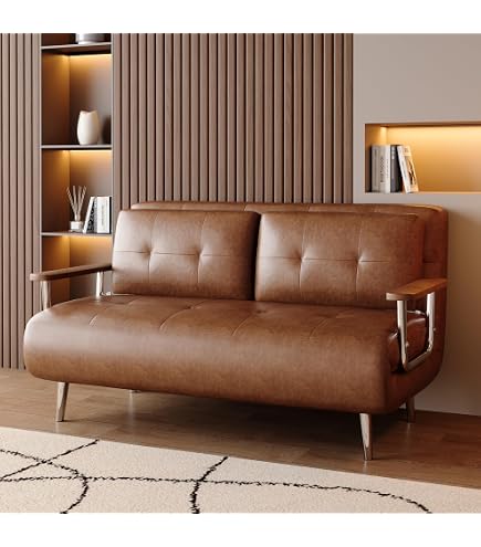 KAANAA schlafsofa mit brauner Lederoptik – Modernes Schlafcouch mit Schlaffunktion und Klappmatratze, vielseitig für Wohnzimmer, Schlafzimmer & kleine Räume (150 cm) Küche, Haushalt & Wohnen