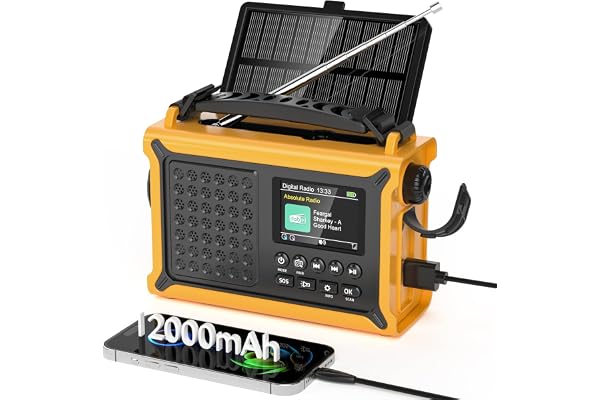 Dab/Dab+ Radio d'urgence Portable, FM Digital Radio avec Solaire Dynamo 12000mAh, Manivelle Solaire, 2,4 "Grand Affichage Couleur, Bluetooth 5.0, 5 Méthodes de Chargement, Alarme SOS de Camping