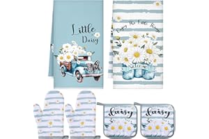 Bencailor Küchendekor, Topflappen, Ofenhandschuhe, 2 Geschirrtücher, 2 Bauernhaus-Kochhandschuhe, 2 Topflappen zum Backen, Kochen, Grillen, Zubehör, Blau, Weiß, Gänseblümchen, 6 Stück