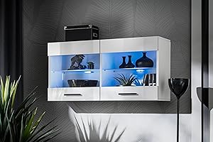 Komodee, Witryna Wisząca Savona, Biała/Biała, Szerokość 100 cm x Wysokość 50 cm x Głębokość 30 cm, Bez LED, 2 Szklane Półki, Do Salonu, Kuchni