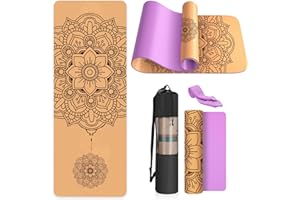 Haninj Eco-Friendly Yoga Mat Non Slip Unique Design Natural Cork Tpe Material Fitness Exercise Mat with Carry Bag and Strap For Home, Pilates,Aerobic,Gym & Workout(4 patterns available)