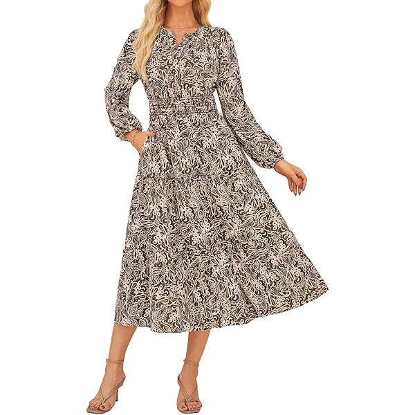 GRACE KARIN Casual bloemenjurk voor dames, V-hals, met ruches, A-lijn, lange jurk, zwart en roze., L