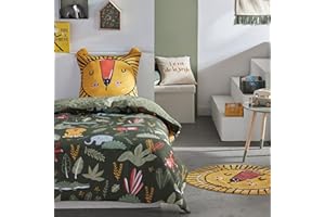 ‎FAMILANDO Children's Bed Linen Set Lion with Ears 135 x 200 cm 80 x 80 cm Green Yellow with Jungle Animals Design 100% Cotton Renforcé Quality with Zip (2-Piece Set)