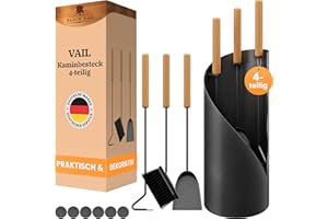 BLACK OAK Kaminbesteck VAIL 4-teilig - modernes Ofenbesteck Set schwarz mit Holzgriff 4 teilig mit Schürhaken Ascheschaufel Kaminbesen + Ständer modern Stahl - Kaminzubehör Kaminofen Besteck für Ofen
