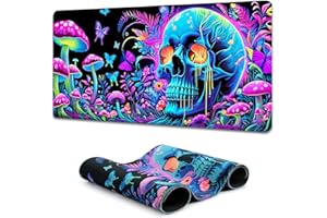 Simpkeely Large Skull Mushroom Gaming Mouse Pad - UV Light Reactive Neon Glow Butterfly Mat Waterproof XL Non-Slip Rubber Base for Computer & Keyboard, 31.5" x 11.8"