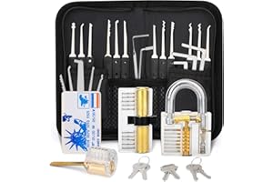 HOTACE 34-teiliges Dietrich-Set in Kreditkartengröße mit 3 transparenten Vorhängeschlössern, Handbuch, Ledertasche, Lockpicking-Handwerkzeug-Set für Anfänger und professionelle Schlosserausbildung