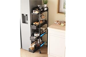 UMDONX Slim Storage Trolley Pull out Drawers 4 Tier, Vegtable Rack Kitchen Cart on Lockable Wheels, Narrow Shelving Unit Organiser Shelf, Durable Metal Black Heavy-duty Load 80KG