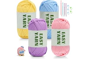 DIPEER 4x50g Easy Chunky Cotton Wool Crochet Yarn, Thick Yarn Chunky Wool for Crocheting Knitting, Cotton Yarn for Crochet(Pink + Purple + Blue + Yellow)