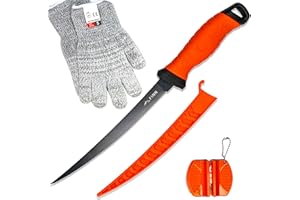 FINN Outdoors Filleting Knife Set, Stainless Steel Fishing Knife, Fish Knife, Kitchen Knife, Boning Knife with 2-in-1 Knife Sharpener, Sharp Knife for Fishing & Filleting, Cut Protection Gloves