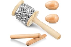 KASTWAVE Wooden Cabasa Latin Percussion Set, Stainless Steel Beads Mini Wood Claves Rhythm Sticks Egg Shakers Hand Musical Instrument for Adult Kids Music Class Party Favor Gift, 5 Pcs