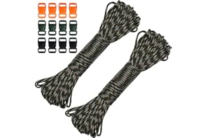 DONDEEN 60M 550lb Paracord Rope 4mm Heavy Duty 7 Strand Nylon Cord Tent Rope Cord with 12 Plastic Buckles for Camping Hand Crafting (Camouflage, 4mm * 60M)
