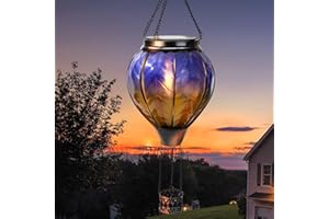 pearlstar Hot Air Balloon Solar Garden Light with Flickering Flame, Hot Air Balloon Light, Outdoor Solar Lantern Waterproof for Yard Patio Farmhouse Decoration,Stained Glass Blue