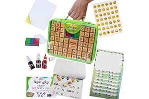 ART WITH SMILE Large Wooden Stamp Premium Set for Kids. 72 Pcs Alphabet Stamps. Letters, Numbers, Emojis, 3-Color Washable Ink Pad, 3 Refill Bottles, Activity Book. Ideal Creativity Kit for back to school
