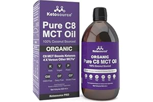 KETOSOURCE Organic Pure C8 MCT Oil | Boosts Ketones 4X Versus Other MCTs | Highest 99%+ Purity | 100% Coconut MCT Oil Organic | Keto, Fasting, Vegan & Gluten Safe | Premium Lab Tested Purity | 500ml Glass Bottle