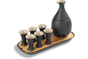 TEANAGOO Set da Sake Tradizionale Giapponese, Caraffa da Sake (170 ML) con 6 Tazze da Sake (25 ML) per Liquore Soju Giapponese Caldo o Freddo con Set di Vassoi Bambo da Portata 10 pz/set