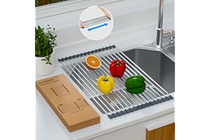 AUROAY Escurreplatos de Fregadero Escurridor Enrollable Extensible 32.5 hasta 59cm de Acero Inoxidable Escurreplatos Plegable sobre Fregadero Organizador de Estantes de Cocina Multiusos